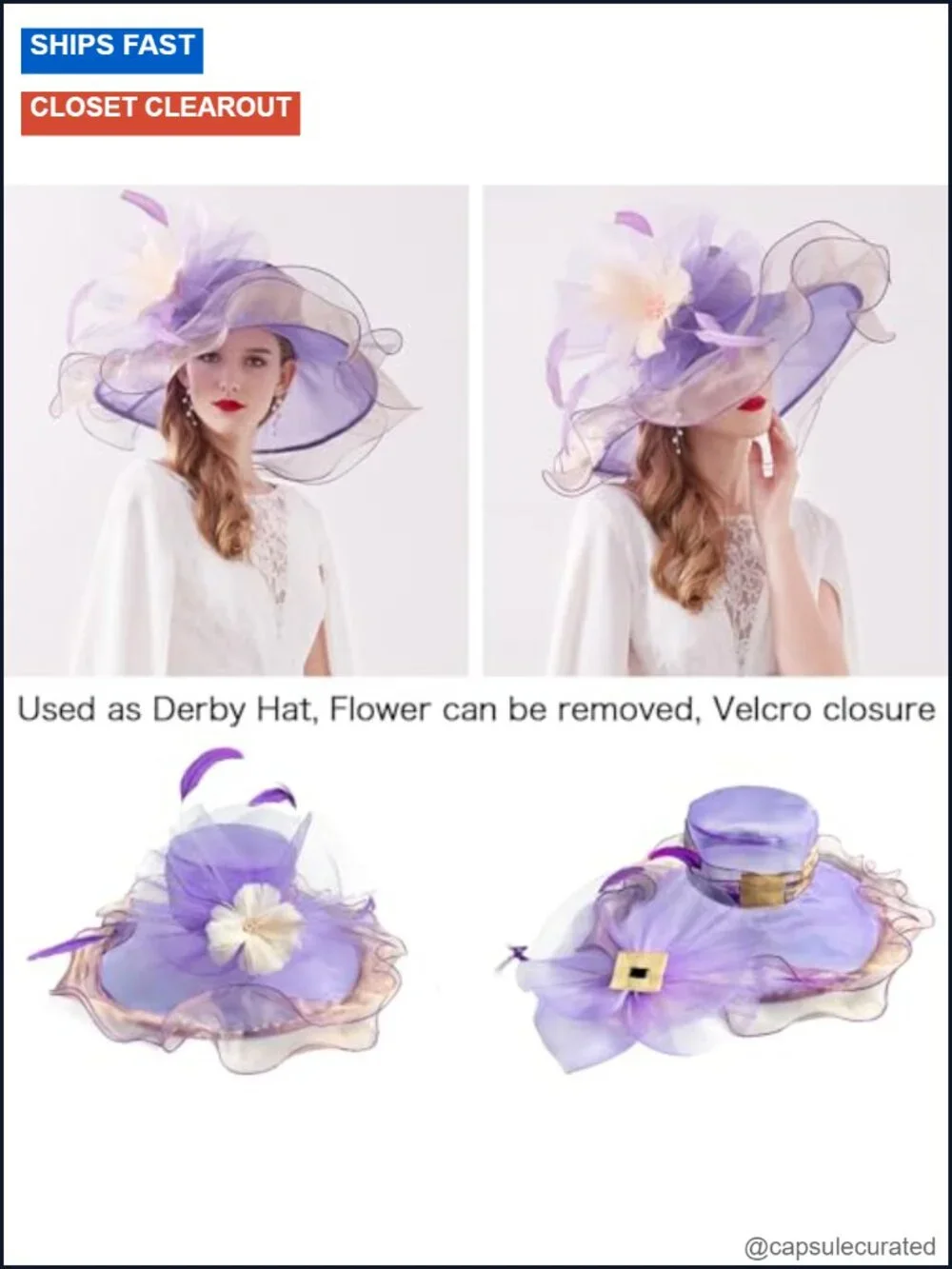 Wide Brim Organza Derby Hat Removable Flower Fascinator for Wedding Tea Party